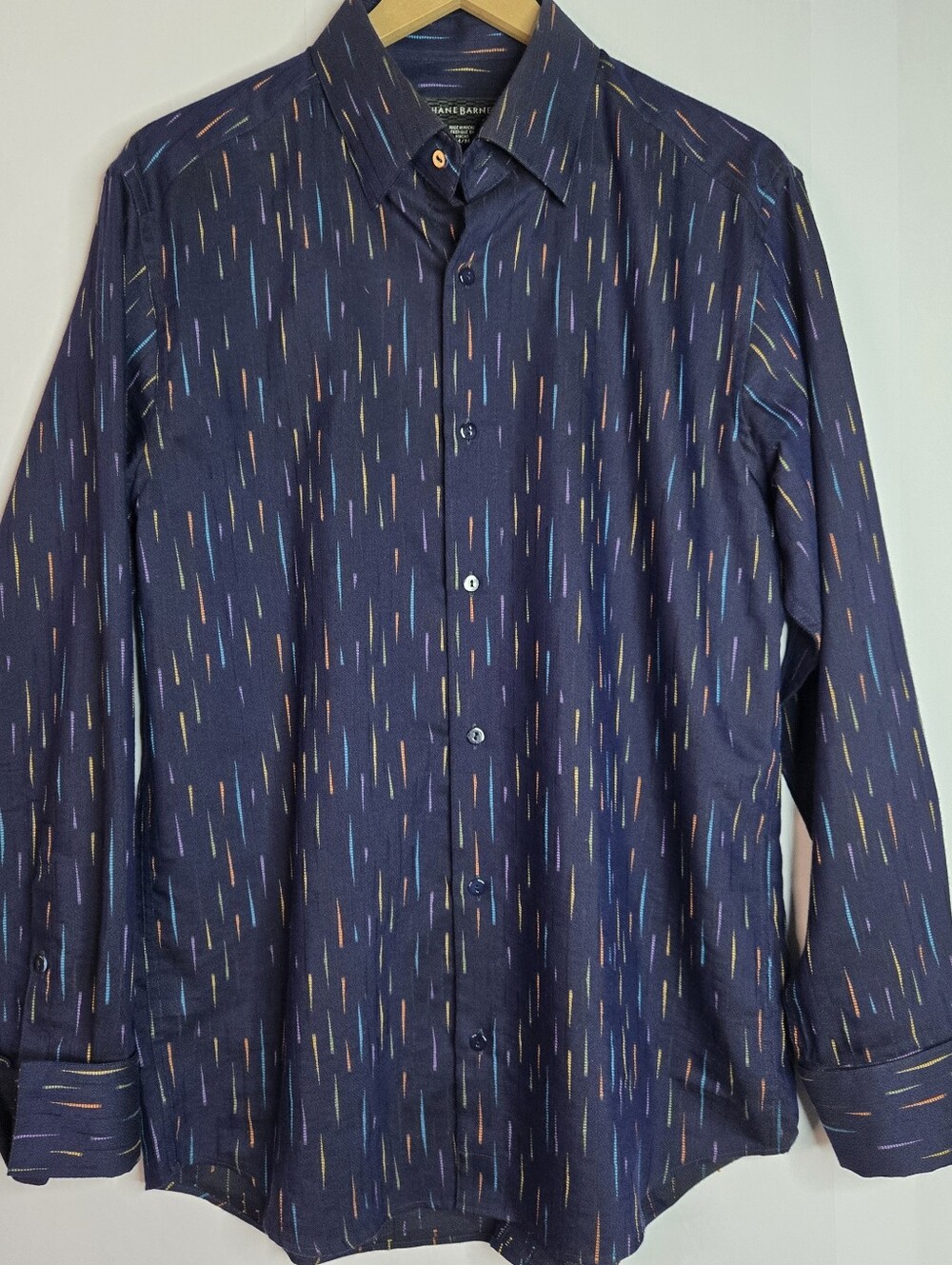 Jhane Barnes Men Size M Button Up L/SL Shirt, Navy & Colorful Raindrop Stripes